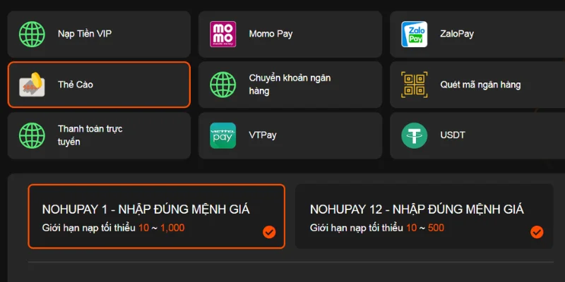 Các phương thức được nhà cái đảm bảo an toàn và tiện lợi phương thức nạp tiền nohu90 an toàn